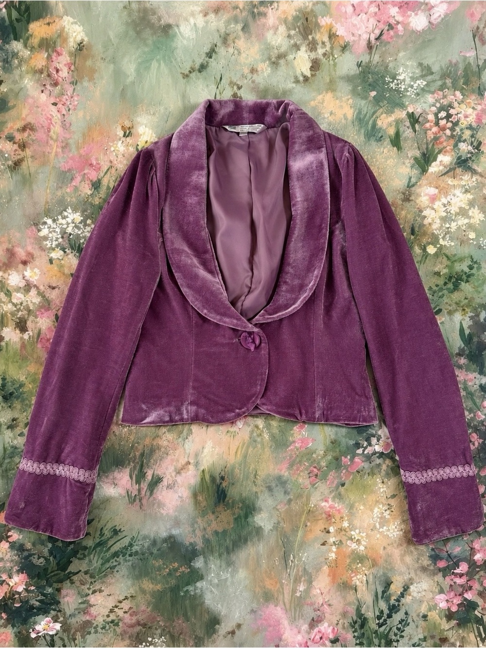 VTG Inspired Woman Mauve Pink Velvet Embroidery Crop Blazer SMALL Fairy Romantic